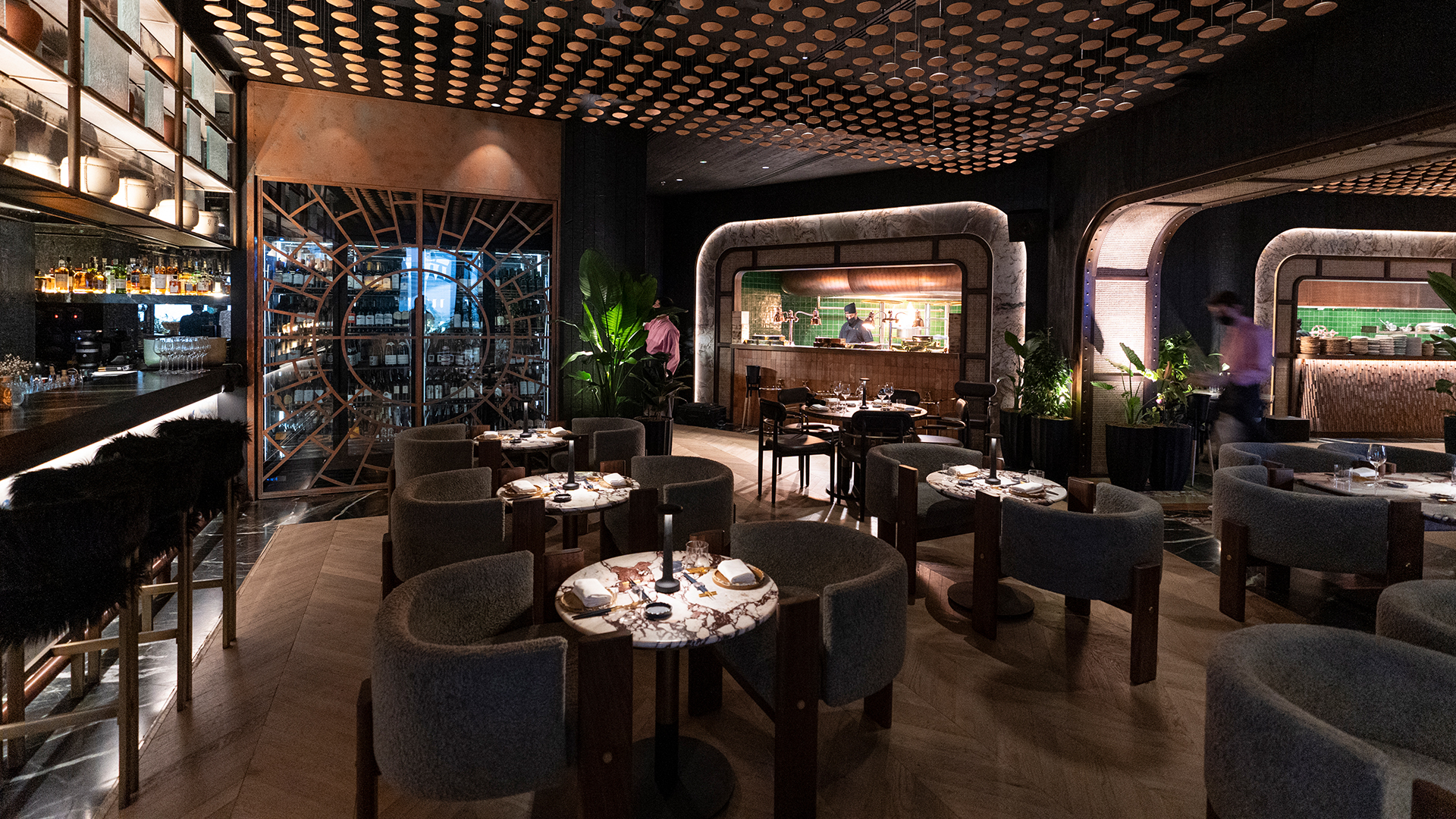 Clay Dubai restaurant interior fit-out and MEP works featuring contemporary Nikkei dining interiors, bar, and outdoor lounge at Bluewaters Island