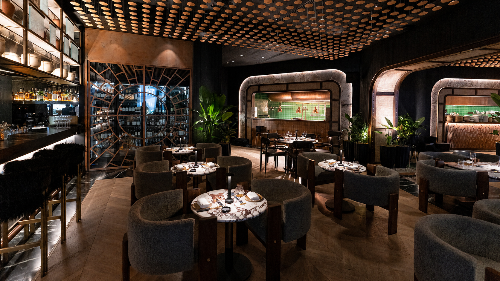 Clay Dubai restaurant interior fit-out and MEP works featuring contemporary Nikkei dining interiors, bar, and outdoor lounge at Bluewaters Island