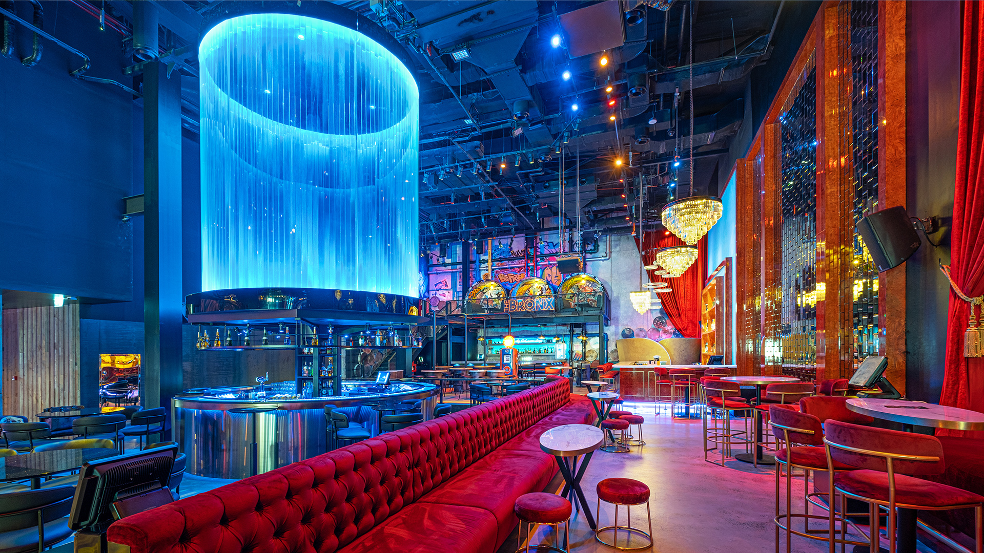 The Tent at Bla Bla Dubai nightclub construction, fit-out and MEP works featuring three floors, themed bars, entertainment stage, and luxury hospitality interiors