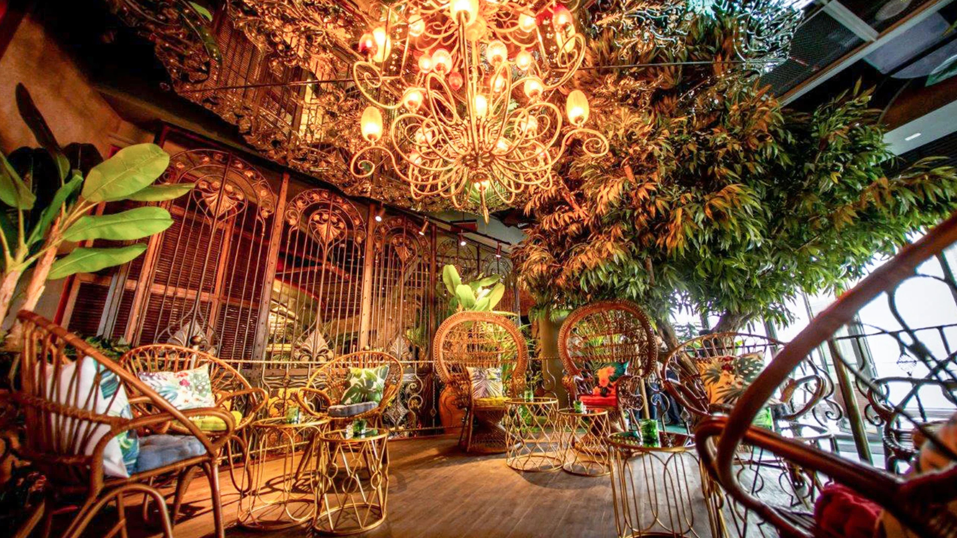 Mama Zonia Pier 7 Dubai jungle-themed restaurant interior fit-out and MEP works featuring rainforest-inspired interiors, lush foliage, cocktail bar, open kitchen, and terrace Photo Credits: Love That Design