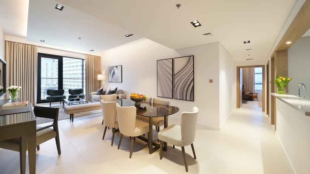 Cheval Maison The Palm Dubai featuring luxury hotel fit-out, MEP services, FF&E installation, and hospitality interiors by ARCO Group | Deluxe Three Bedroom Serviced Apartments in Dubai | Living Area