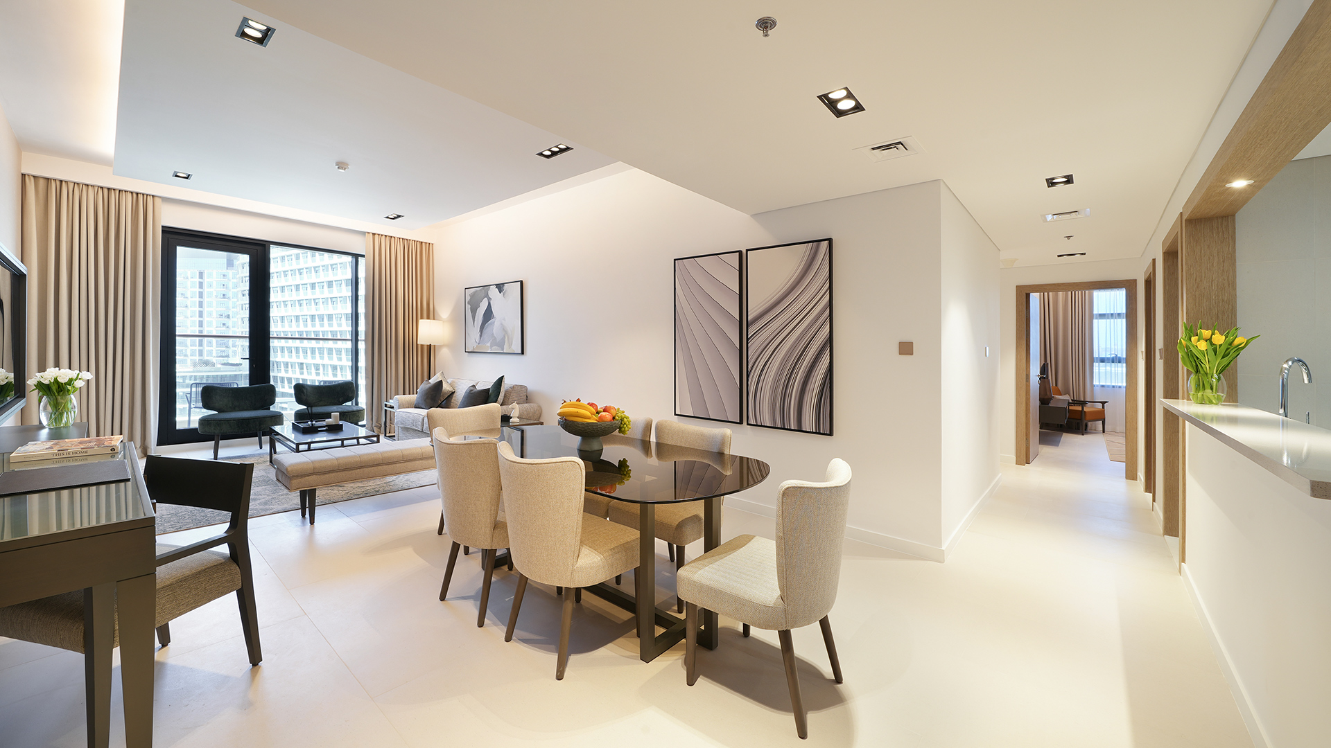 Cheval Maison The Palm Dubai featuring luxury hotel fit-out, MEP services, FF&E installation, and hospitality interiors by ARCO Group | Deluxe Three Bedroom Serviced Apartments in Dubai | Living Area
